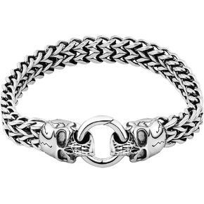Skull Bracelet for Men, Stainless Steel Cuban Link Chain Gothic Punk Jewelry Gifts for Him, Vintage Silver Length 8.7 Inches