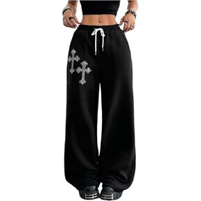 Wdirara Women's Rhinestone Charpstring الخصر على نطاق واسع ساق السراويل القوطية الشرير الفضفاضة