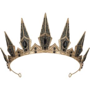 SWEETV Gothic Crowns for Women Black Tiara Queen Crown Witch Hair Accessories for Costume Halloween Prom Party, Gold