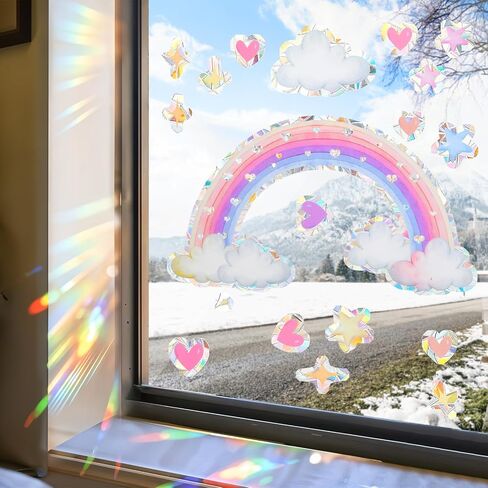 Rainbow Cloud Window Stickers, 6PCS Non-Adhesive Suncatchers Stickers Prism Vinyl Decals Anti Collision Window Clings for Birds for Home Decor Window Film Glass Panels in Saudi Arabia