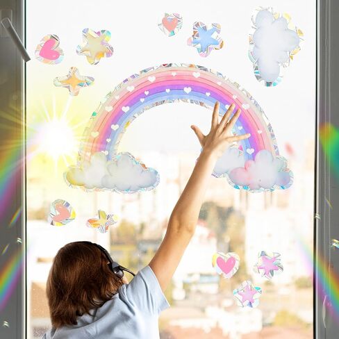Rainbow Cloud Window Stickers, 6PCS Non-Adhesive Suncatchers Stickers Prism Vinyl Decals Anti Collision Window Clings for Birds for Home Decor Window Film Glass Panels in Saudi Arabia
