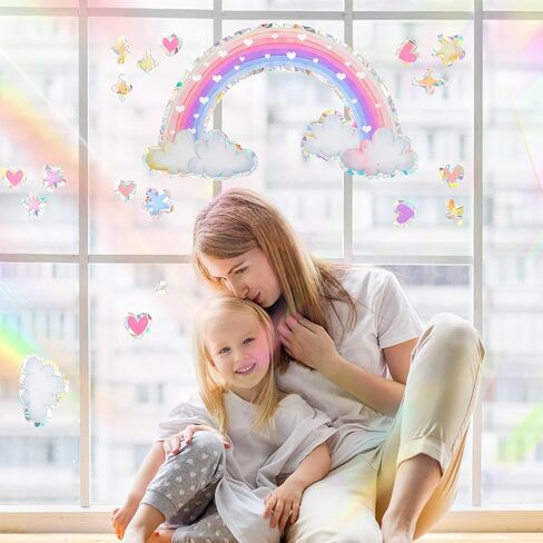 Rainbow Cloud Window Stickers, 6PCS Non-Adhesive Suncatchers Stickers Prism Vinyl Decals Anti Collision Window Clings for Birds for Home Decor Window Film Glass Panels in Saudi Arabia