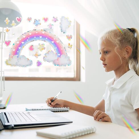 Rainbow Cloud Window Stickers, 6PCS Non-Adhesive Suncatchers Stickers Prism Vinyl Decals Anti Collision Window Clings for Birds for Home Decor Window Film Glass Panels in Saudi Arabia