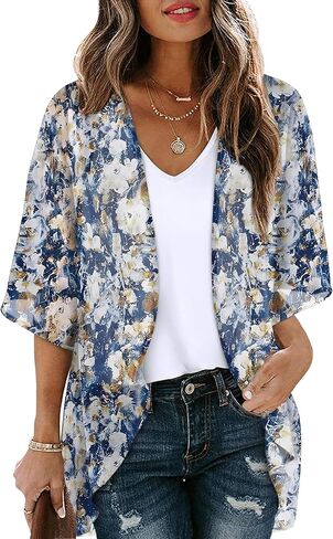 OFEEFAN Beach Cover Ups for Women 3/4 Length Sleeve Womens Tops Summer Cardigan Casual Blouses Loose Fit in Kuwait
