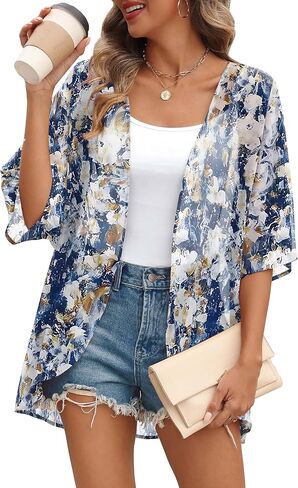 OFEEFAN Beach Cover Ups for Women 3/4 Length Sleeve Womens Tops Summer Cardigan Casual Blouses Loose Fit in Kuwait