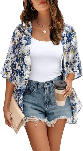 OFEEFAN Beach Cover Ups for Women 3/4 Length Sleeve Womens Tops Summer Cardigan Casual Blouses Loose Fit in Kuwait