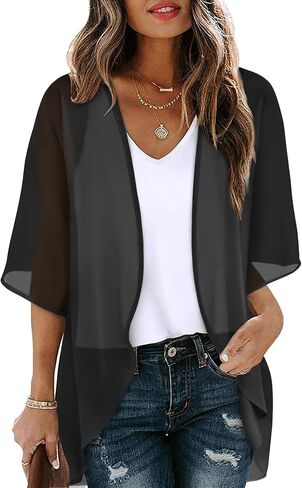OFEEFAN Beach Cover Ups for Women 3/4 Length Sleeve Womens Tops Summer Cardigan Casual Blouses Loose Fit in Kuwait