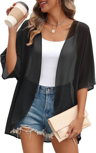 OFEEFAN Beach Cover Ups for Women 3/4 Length Sleeve Womens Tops Summer Cardigan Casual Blouses Loose Fit in Kuwait