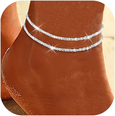 Ankle Bracelets for Women Silver Anklets Waterproof Rhinestone Sparkling Anklets Summer Beach Trendy Jewelry Party Prom Dress Accessories in Saudi Arabia