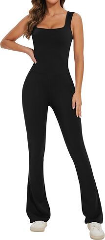 Lingswallow Flare Jumpsuits for Women Bodycon Square Neck Tank Top Wide Leg Full Bodysuit Workout Outfits Onesie with Pockets in Saudi Arabia