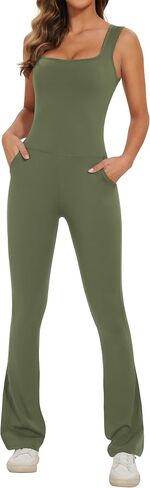 Lingswallow Flare Jumpsuits for Women Bodycon Square Neck Tank Top Wide Leg Full Bodysuit Workout Outfits Onesie with Pockets in Saudi Arabia