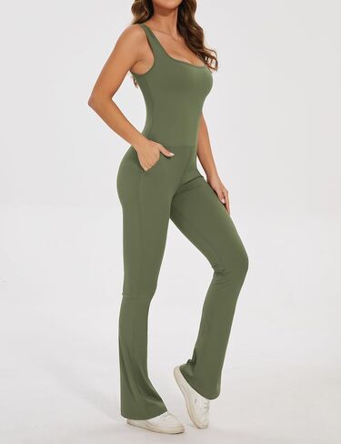 Lingswallow Flare Jumpsuits for Women Bodycon Square Neck Tank Top Wide Leg Full Bodysuit Workout Outfits Onesie with Pockets in Saudi Arabia