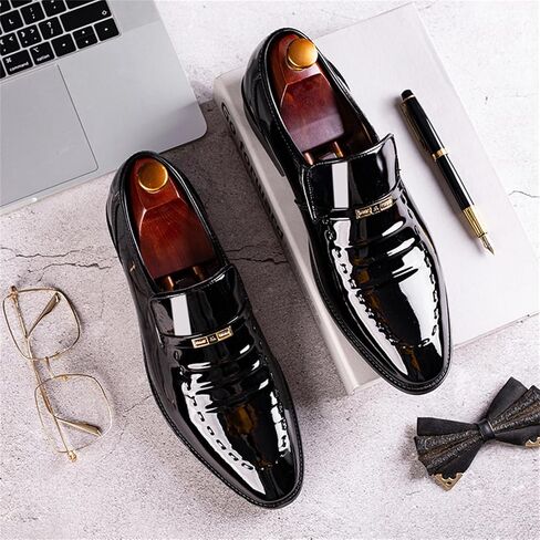Men's Vintage High Gloss Slip On Dress Loafer Shoes Formal Business Pointed Toe Patent Leather Loafers in Saudi Arabia