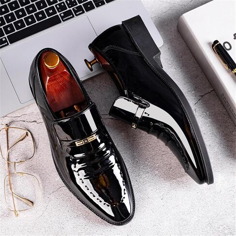 Men's Vintage High Gloss Slip On Dress Loafer Shoes Formal Business Pointed Toe Patent Leather Loafers in Saudi Arabia