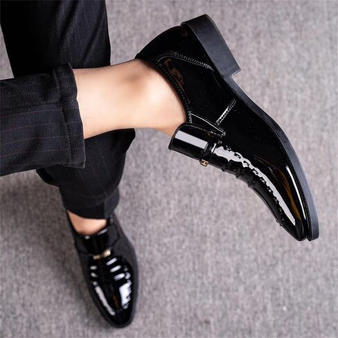Men's Vintage High Gloss Slip On Dress Loafer Shoes Formal Business Pointed Toe Patent Leather Loafers in Saudi Arabia