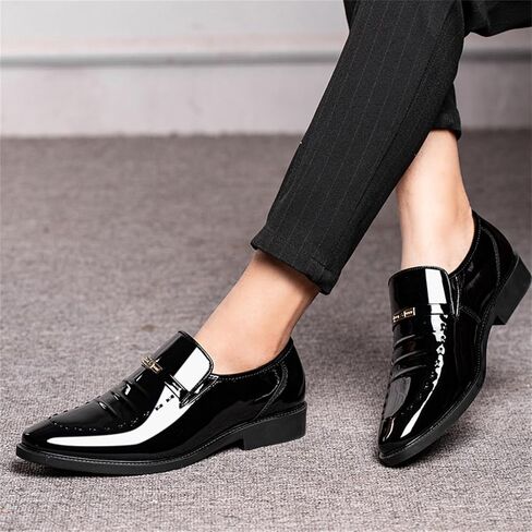 Men's Vintage High Gloss Slip On Dress Loafer Shoes Formal Business Pointed Toe Patent Leather Loafers in Saudi Arabia