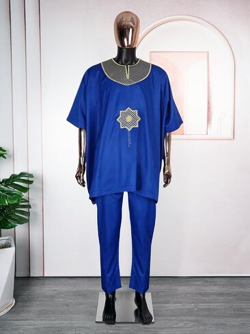 HD African Embroidery Baggy Tubu Shirt and Pants 2 Pieces Outfit Nigerian Mens Clothes Set in Saudi Arabia