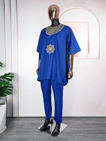 HD African Embroidery Baggy Tubu Shirt and Pants 2 Pieces Outfit Nigerian Mens Clothes Set in Saudi Arabia