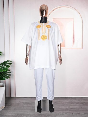 HD African Embroidery Baggy Tubu Shirt and Pants 2 Pieces Outfit Nigerian Mens Clothes Set in Saudi Arabia