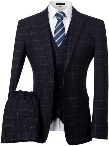Men Suit Plaid Mens Slim Fit Formal Wedding 2 Buttons 3 Piece Suit Set Mens Prom Business Blazer Jacket Vest Pants in Kuwait
