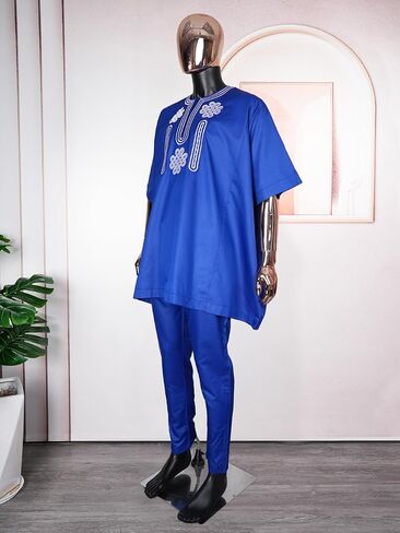 HD African Embroidery Baggy Tubu Shirt and Pants 2 قطعة ملابس ملابس رجال نيجيرية in Saudi Arabia