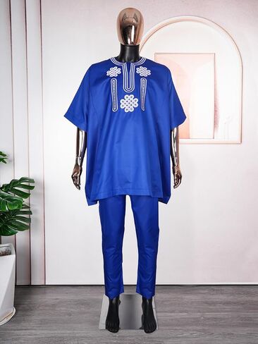 HD African Embroidery Baggy Tubu Shirt and Pants 2 قطعة ملابس ملابس رجال نيجيرية in Saudi Arabia