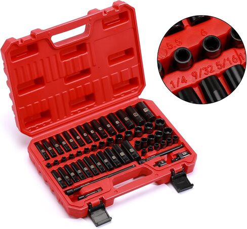 Mayouko 56PCS 1/4 Inch Drive Impact Socket Wrench Set, SAE/Metric, Deep/Shallow, 6 Point, CR-V, 5/32 Inch - 9/16 Inch, 4mm - 15mm, 72 Teeth Ratchet Handle, With Extensions, Adapters, Universal Joint in Saudi Arabia