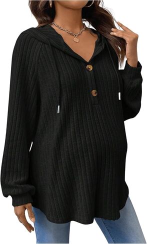 Women's Maternity Half Button Sweatshirts Long Sleeve Ribbed Knit Drawstring Hoodie in Kuwait