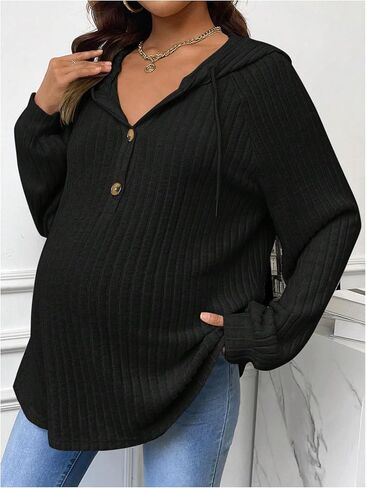 Women's Maternity Half Button Sweatshirts Long Sleeve Ribbed Knit Drawstring Hoodie in Kuwait