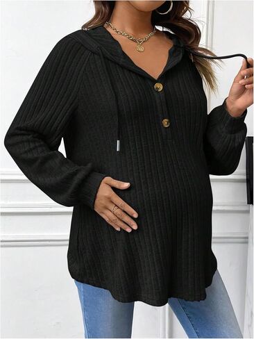 Women's Maternity Half Button Sweatshirts Long Sleeve Ribbed Knit Drawstring Hoodie in Kuwait
