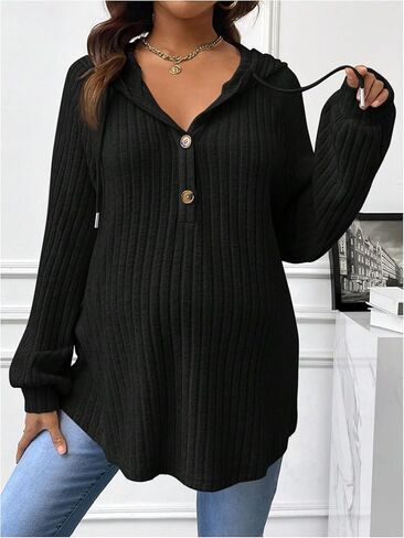 Women's Maternity Half Button Sweatshirts Long Sleeve Ribbed Knit Drawstring Hoodie in Kuwait
