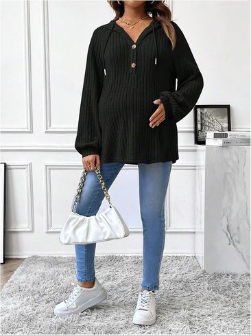 Women's Maternity Half Button Sweatshirts Long Sleeve Ribbed Knit Drawstring Hoodie in Kuwait