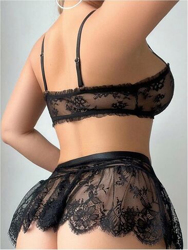 WDIRARA Women's 5 Pieces Lingerie Set Lace Bow Bra and Thongs Set with Mesh Skirt and Stockings in Saudi Arabia