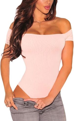 MAYFASEY Women's Sexy Off Shoulder Short Sleeve Bodycon Bodysuit Leotard Jumpsuit Tops in Saudi Arabia