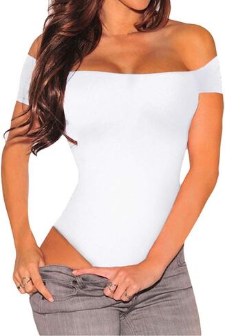 MAYFASEY Women's Sexy Off Shoulder Short Sleeve Bodycon Bodysuit Leotard Jumpsuit Tops in Saudi Arabia