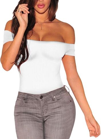 MAYFASEY Women's Sexy Off Shoulder Short Sleeve Bodycon Bodysuit Leotard Jumpsuit Tops in Saudi Arabia