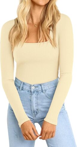 ATHMILE Women's Square Neck Long Sleeve Bodysuit Ribbed Slim Fitted Tops in Saudi Arabia