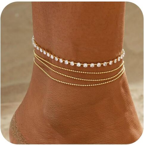 Anklets for Women 14K Silver/Gold Plated Ankle Bracelets Dainty Waterproof Bead Rhinestone Cuban Link Chain Anklets Trendy Women's Anklets Jewelry Set for Gift in Kuwait