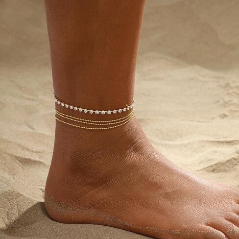 Anklets for Women 14K Silver/Gold Plated Ankle Bracelets Dainty Waterproof Bead Rhinestone Cuban Link Chain Anklets Trendy Women's Anklets Jewelry Set for Gift in Kuwait