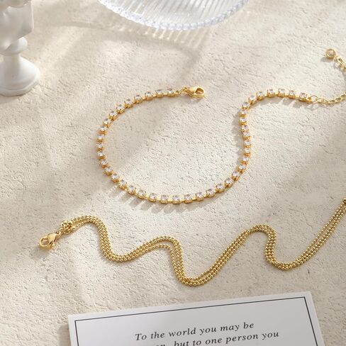 Anklets for Women 14K Silver/Gold Plated Ankle Bracelets Dainty Waterproof Bead Rhinestone Cuban Link Chain Anklets Trendy Women's Anklets Jewelry Set for Gift in Kuwait