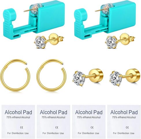 طقم بندقية الأذن Avyring - 2 PCS طقم ثقب الأذن ذات الأذن الفضية الذهبية مع حلق أدوات الفولاذ Hypoallergenic في المنزل 20G أقراط في الخلف. in Kuwait