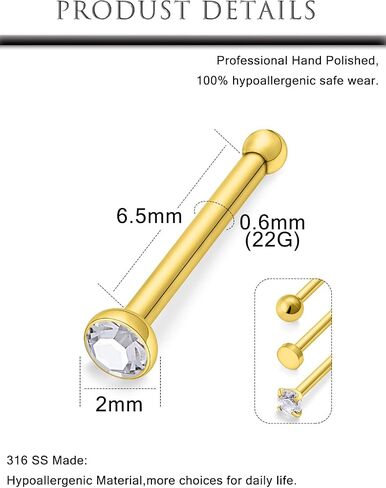 Hoeudjo الأنف الأزرار الجراحية الفولاذ الفولاذ مكعب Zirconia حلقات الأنف لنساء الرجال 2 مم أنف مسمار المسمار والعظام واللوسترل على شكل حلقات مثقبة للمجوهرات 22 مقياس 16 قطعة in Kuwait