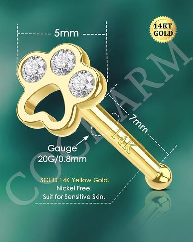 كوشارم 14K الذهب الصلب الأنف مسمار 20g باو طباعة 20g الذهب الصفراء حلقة الأنف رنين L الانحناء الذهب الحقيقي الذهب المسود in Kuwait