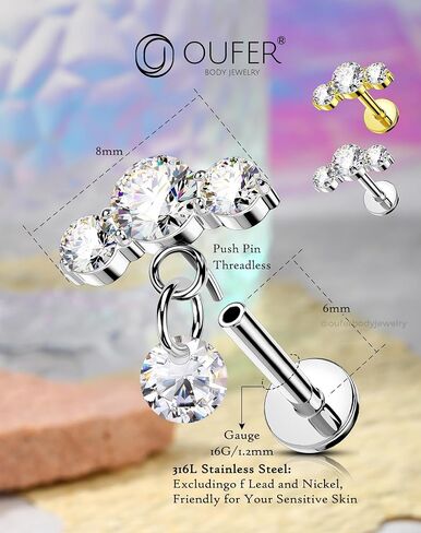OUFER Curved Hidden Dangle Cartilage Piercing, 16G Threadless Flat Back Piercings Stainless Steel Helix Cartilage Piercing Jewelry in Saudi Arabia