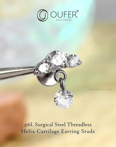 OUFER Curved Hidden Dangle Cartilage Piercing, 16G Threadless Flat Back Piercings Stainless Steel Helix Cartilage Piercing Jewelry in Saudi Arabia