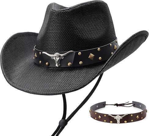SANSTHS Cowboy Cowgirl Hats for Men Women 2 Pack Hatbands Straw Hat Wide Brim Breathable Western Hats for Lover in Saudi Arabia