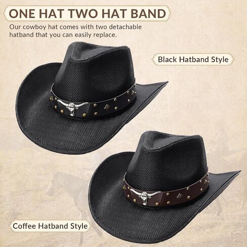 SANSTHS Cowboy Cowgirl Hats for Men Women 2 Pack Hatbands Straw Hat Wide Brim Breathable Western Hats for Lover in Saudi Arabia
