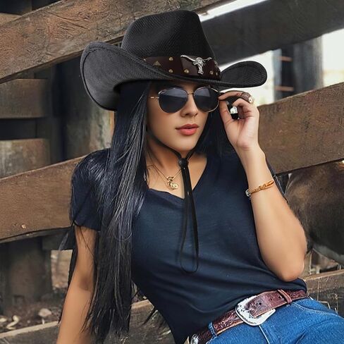 SANSTHS Cowboy Cowgirl Hats for Men Women 2 Pack Hatbands Straw Hat Wide Brim Breathable Western Hats for Lover in Saudi Arabia