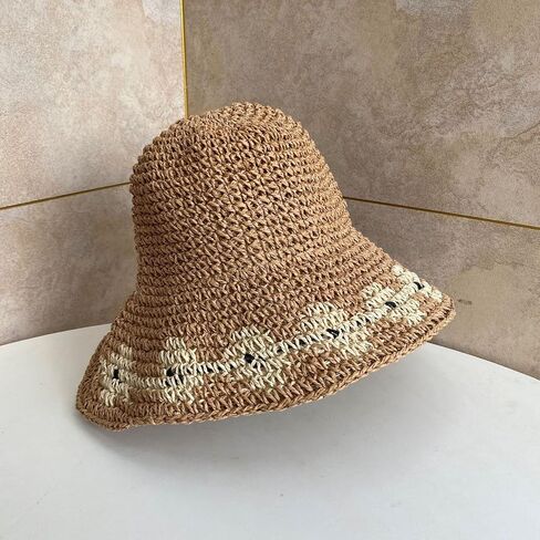 النساء البني البيج 2pcs الصيف ناعم القش قبعة قش صغيرة زهرة منسوجة الحوض القبعات in Kuwait