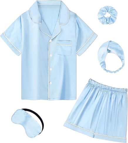 MORFORU Satin Kid Short Pajamas Set 5 Piece Child Silk Pjs Button Sleepwear with Eye Mask, Hairhand, Hair Ring in Saudi Arabia
